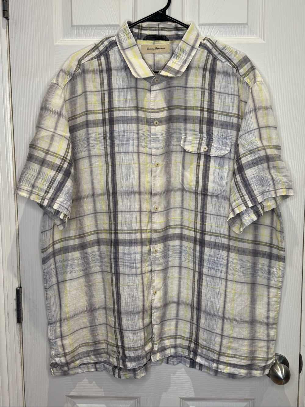 Tommy Bahama Men's XLX 100% Linen Grey Yellow Plaid Short Sleeve Button Down - Picture 2 of 6